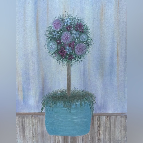 Handmade Other - Floral Topiary Canvas Art in Blue and Purple